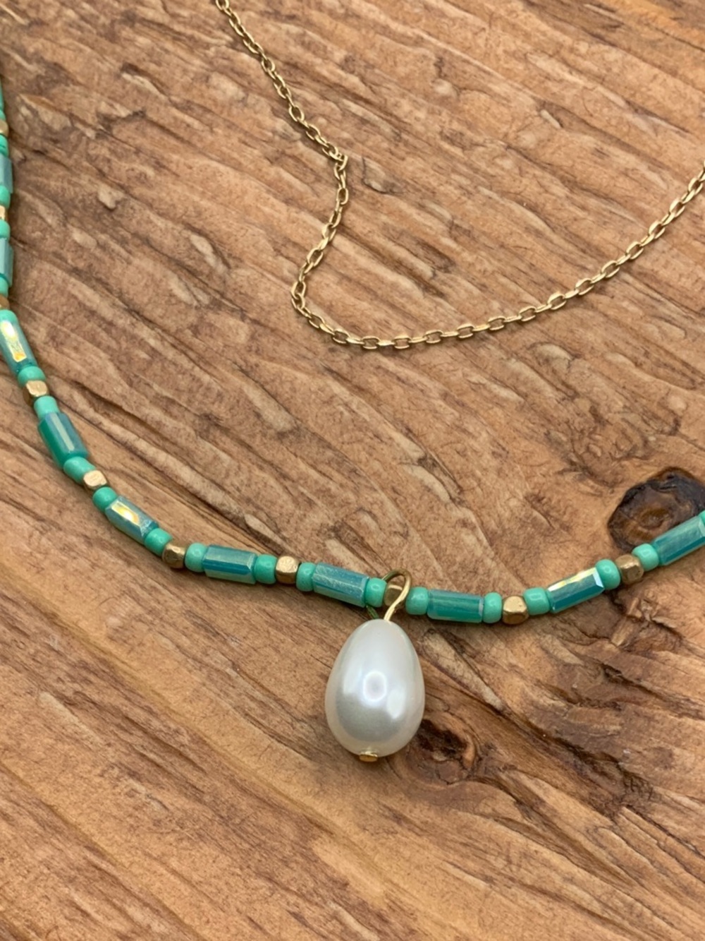Plunder Design Double Gold Tone Chain Turquoise Beaded Pearl Pendant Necklace